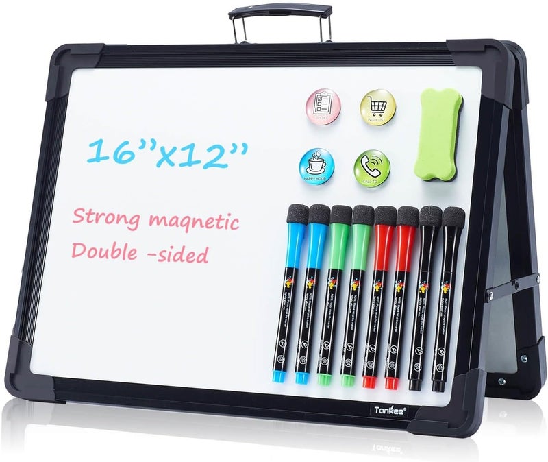 Tinkee Small Dry Erase White Board – Magnetic Desktop Foldable Whiteboard Portable Mini Easel Double Sided on Table Top with Holder for Drawing, Teacher Instruction, Memo Board - Image 1