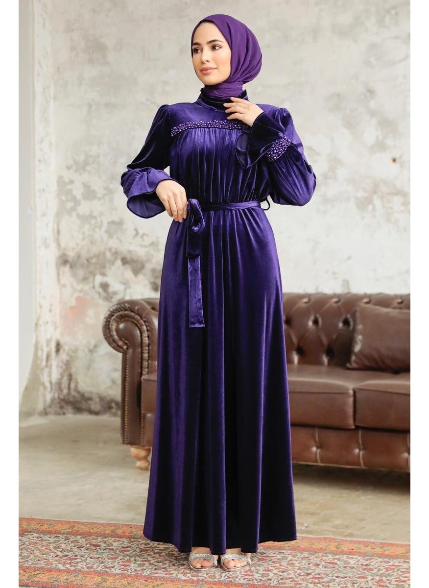 Neva Style - - Belted Purple Hijab Velvet Dress 37291MOR - Image 1