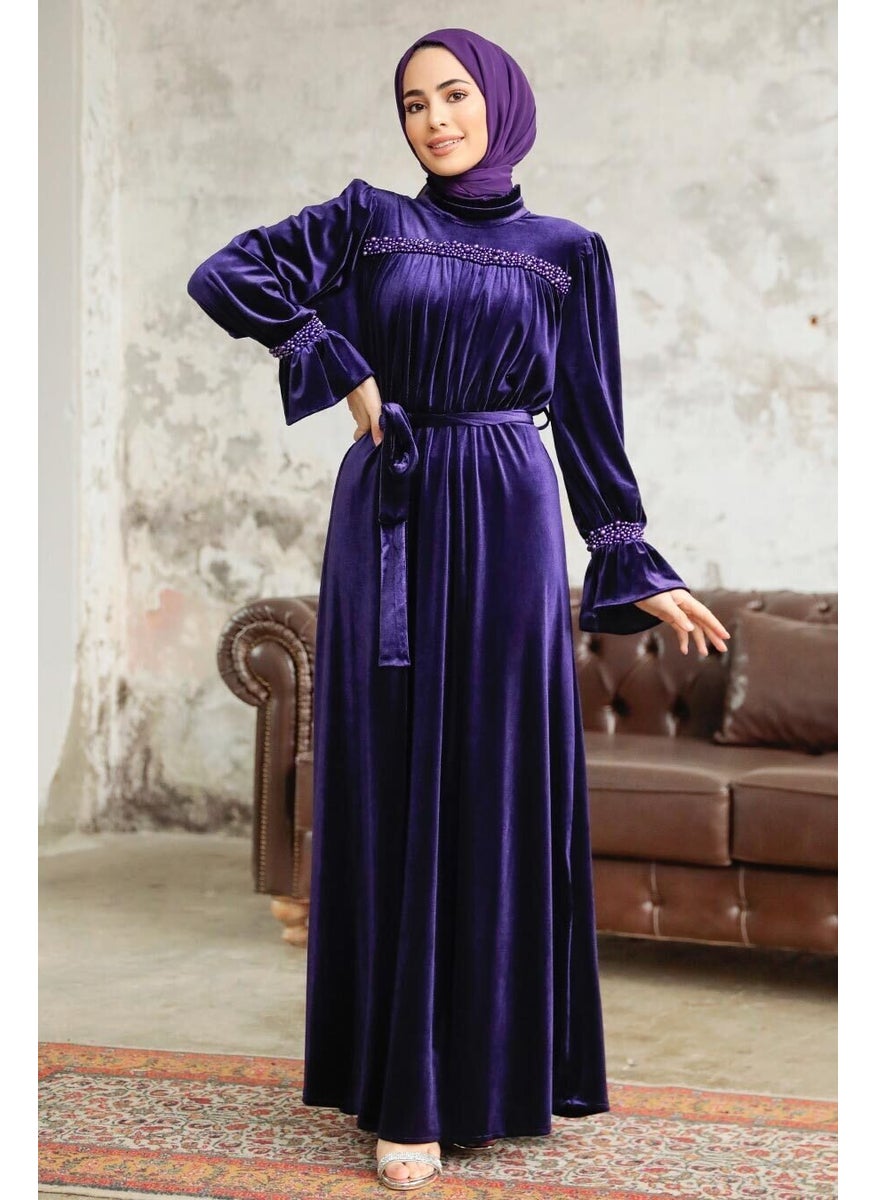 Neva Style - - Belted Purple Hijab Velvet Dress 37291MOR - Image 1