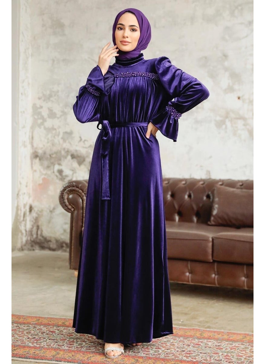 Neva Style - - Belted Purple Hijab Velvet Dress 37291MOR - Image 1