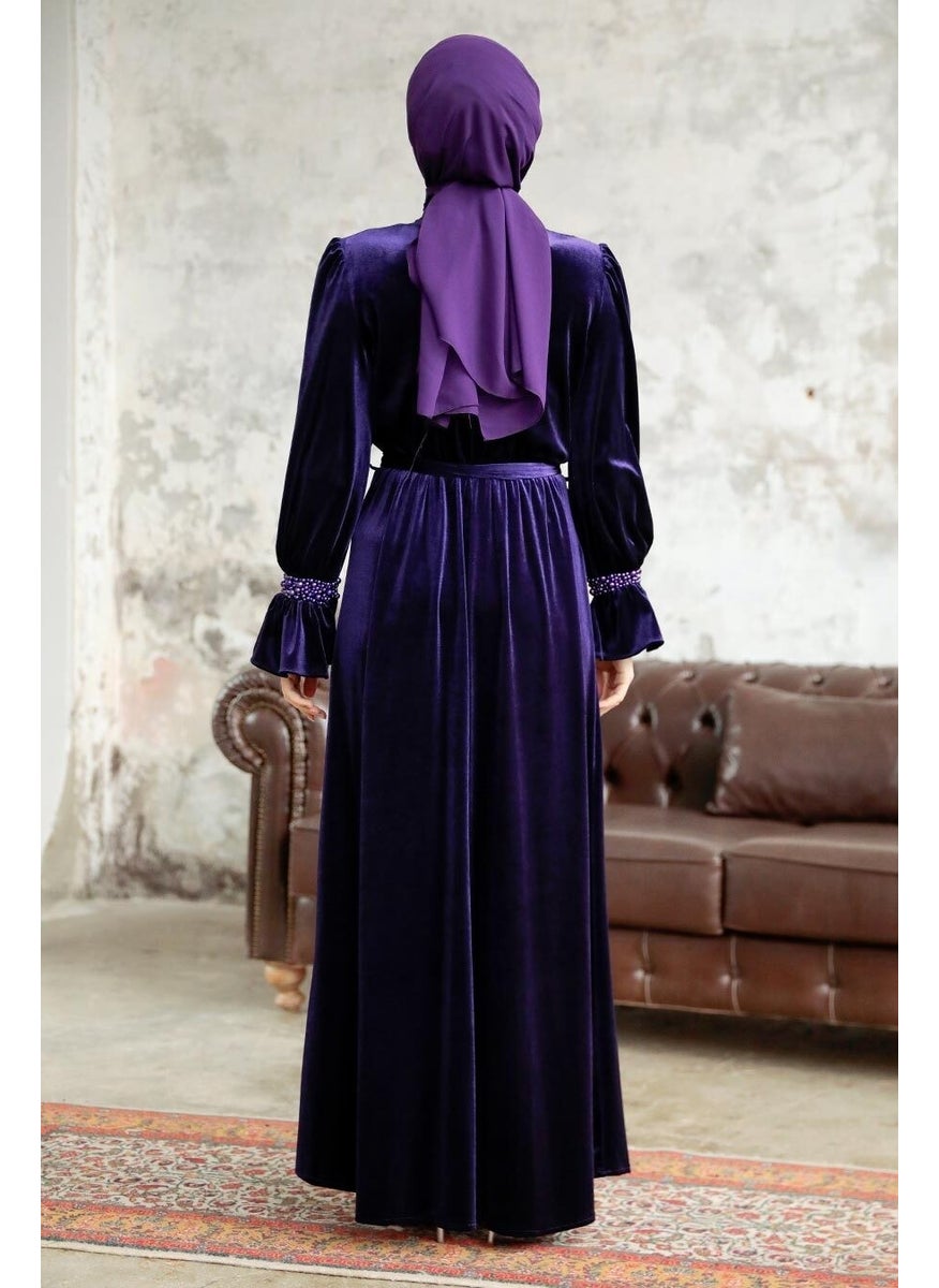 Neva Style - - Belted Purple Hijab Velvet Dress 37291MOR - Image 1