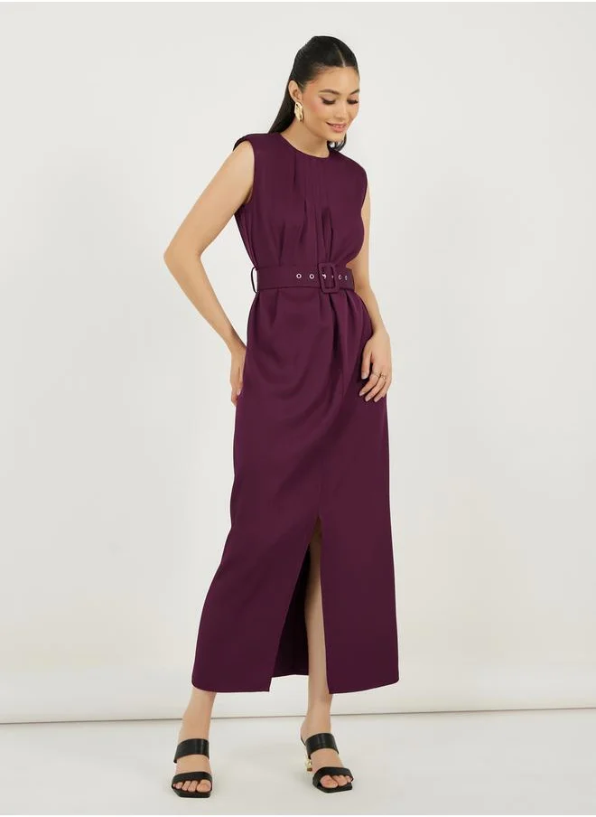 Styli Pleated Front Sleeveless Shift Maxi Dress with Belt