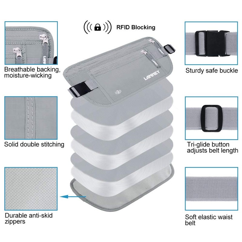 LANNEY Travel Money Belt for Men Women, RFID Blocking Concealed Waist Wallet Pouch Under Clothes Passport Holder Antitheft Waist Stash Bag for Travelling, Bonus 10 RFID Credit Card Sleeves, Silver Gray - Image 2