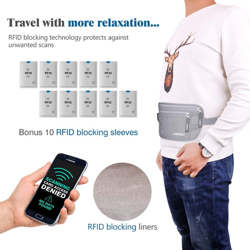 LANNEY Travel Money Belt for Men Women, RFID Blocking Concealed Waist Wallet Pouch Under Clothes Passport Holder Antitheft Waist Stash Bag for Travelling, Bonus 10 RFID Credit Card Sleeves, Silver Gray - Image 5