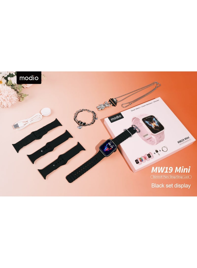 modio Modio MW19 Mini Smart Watch With 36mm Display 4 Pair Straps Necklace and Bracelate Designed For Womens Black  - Image 2