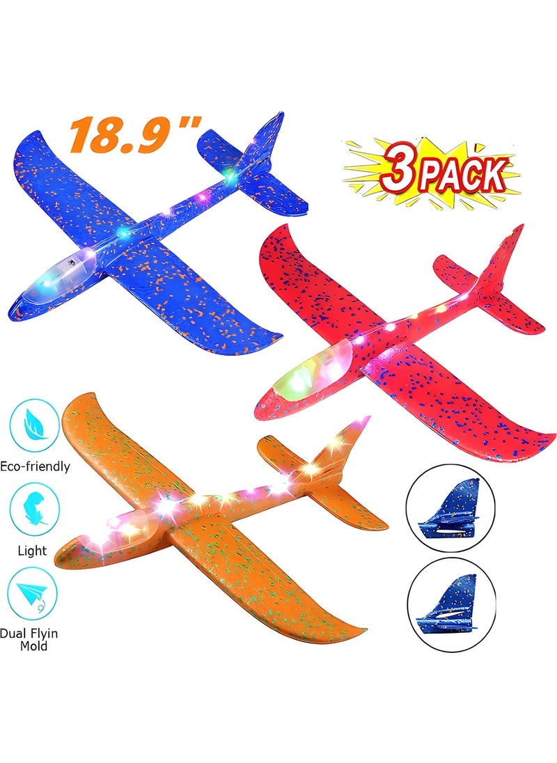 MAGIC VAULT 3 Pack Foam Airplanes for Kids, 18.9" Throwing Airplane Toys, LED Light Up Flight Mode Glider plane toys, Flying Toys fun summer activities for kids , Sports Game Outdoor Toys for Boys Girls kid gifts  - Image 1
