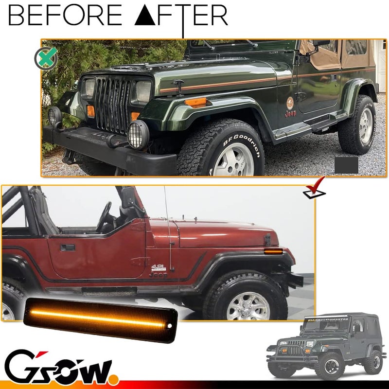 Generic GSOWO 2 PCS Amber LED Side Marker Light for Je-ep Wrangler YJ 1987-1995, Smoked Lens Front Turn Signal Indicator, Left/Right Side Fender Sidemarker Lamps  - Image 2