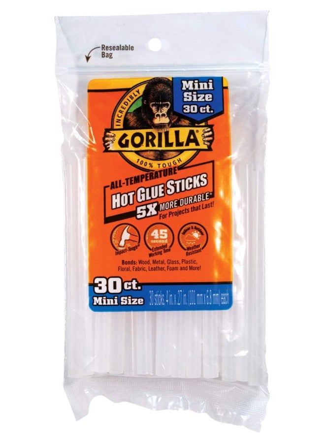 Gorilla Hot Glue Sticks, Mini Size 30 Count,  White, 13023003 - Image 1