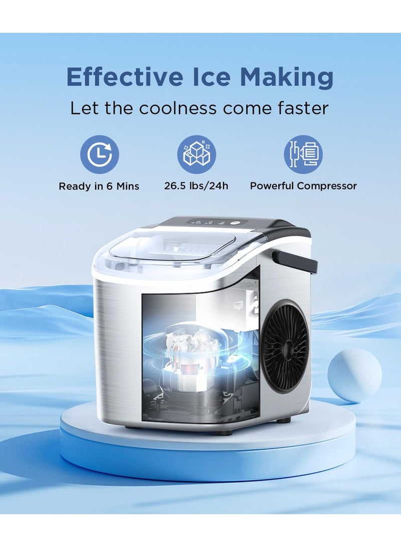 EqiEch EqiEch Ice Maker, Portable Ice Cube Machine with Self-Cleaning, 33lbs/24Hrs, 9 Bullet Ice Cubes in 6 Mins, 1.5L Water Tank, Ice Basket and Scoop,Ice Ideal for Home, Kitchen, Bar, Camping, Stainless Steel - Image 2