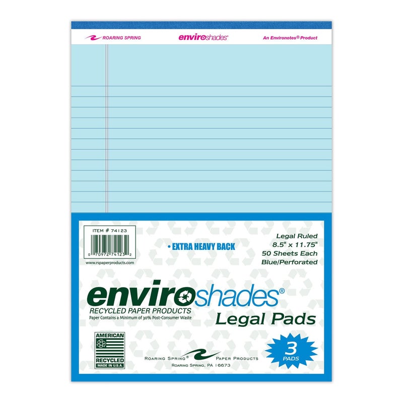 ROARING SPRING Enviroshades Recycled Colored Legal Pads, Blue, 3 Pack, 8.5" x 11", Legal Ruled, 50 Sheets Per Pad, 15 lb Perforated Paper, Made in USA - Image 1