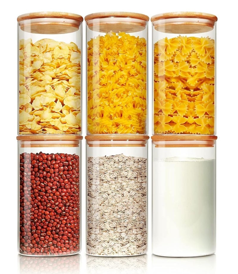 TADRUP 1400ML Kitchen Storage Glass Jars with Wooden Lids Borosilicate Glass Food Storage Containers Air Tight glass jar for Tea Coffee Spice Candy 1400ml Round Glass jar Pack of 6 - Image 1