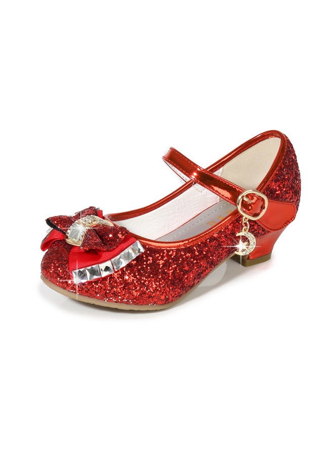 Autumn New Girls' Small High Heel Leather Shoes Sequin Upper Bow Decoration Children's Dance Shoes