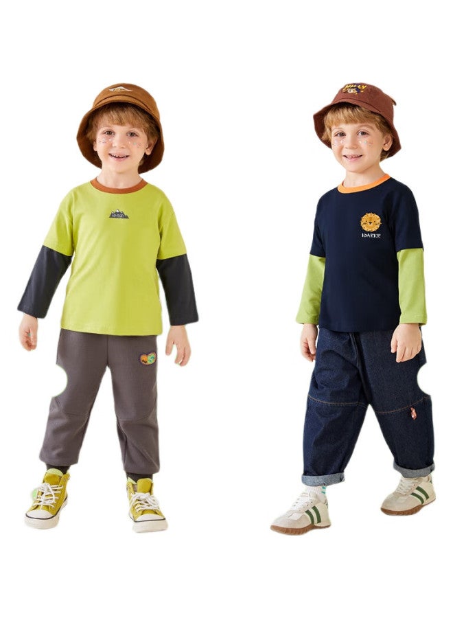 Mqdmini Boys' Long-Sleeve T-Shirt, Children'S Faux Two-Piece T-Shirt, Top For Young Kids, Base Layer, Little Lion Head - Image 3