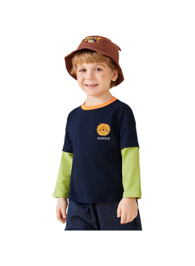 Mqdmini Boys' Long-Sleeve T-Shirt, Children'S Faux Two-Piece T-Shirt, Top For Young Kids, Base Layer, Little Lion Head - Image 1