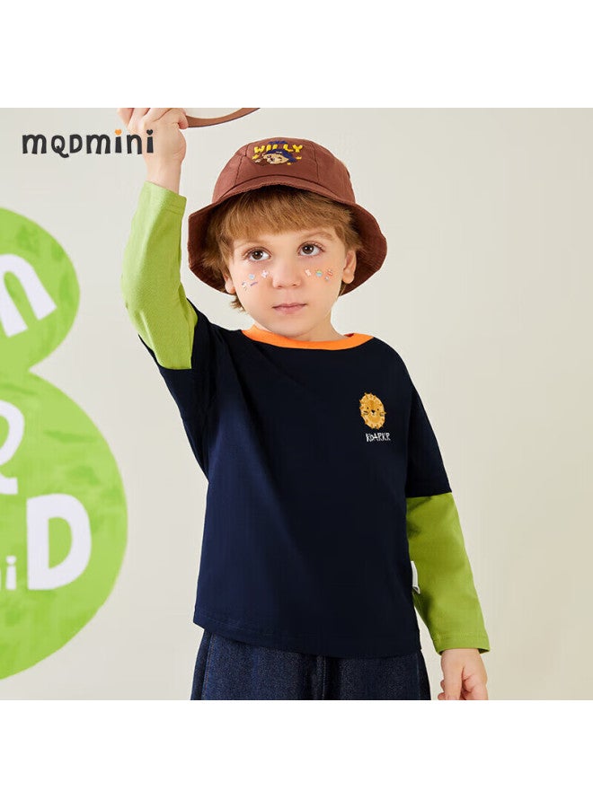 Mqdmini Boys' Long-sleeve T-shirt, Children's Faux Two-piece T-shirt, Top For Young Kids, Base Layer, Little Lion Head - Image 2
