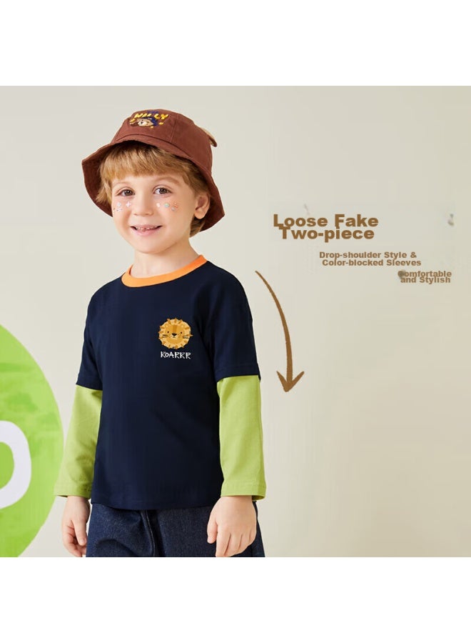 Mqdmini Boys' Long-sleeve T-shirt, Children's Faux Two-piece T-shirt, Top For Young Kids, Base Layer, Little Lion Head - Image 4