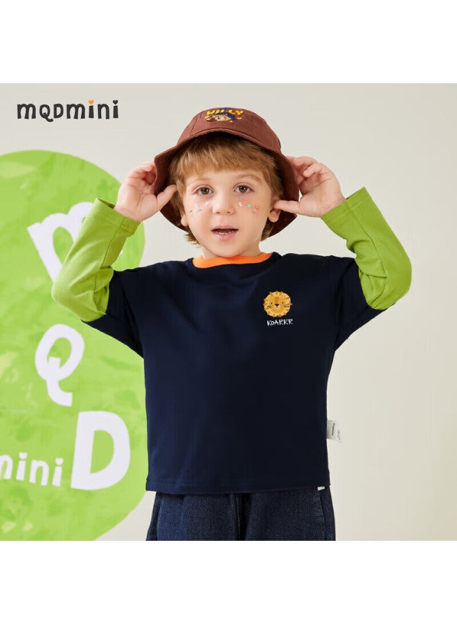 Mqdmini Boys' Long-sleeve T-shirt, Children's Faux Two-piece T-shirt, Top For Young Kids, Base Layer, Little Lion Head - Image 1