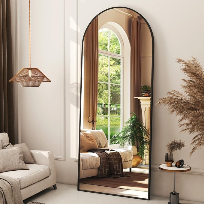 56X21 ARCHED FULL LENGTH MIRROR FLOOR MIRRORS WITH ALUMINUM ALLOY FRAME FREESTANDING WALL MOUNTED FLOOR MIRRORS OR LARGE DRESSING MIRROR BLACK MIRROR FULL LENGTH