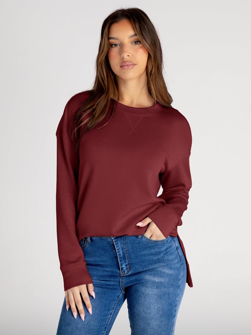 Glamaker Women's Fall Long Sleeve Crewneck Sweatshirt Air Essentials Soft Oversized Pullover Sweatshirts Burgundy XL - Image 4