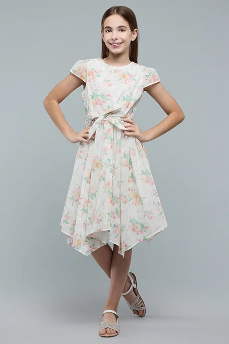 أر أند بي Floral Print Asymmetric Dress with Crew Neck and Cap Sleeves