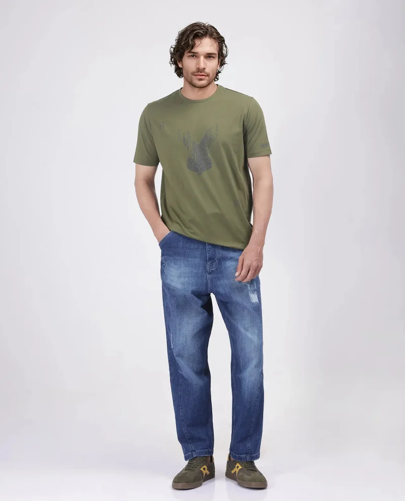 Rare Rabbit Rare Rabbit Men Log Green Cotton Lycra Fabric Short Sleeve Crew Neck Logo Graphic Print T-Shirt