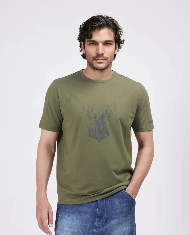 Rare Rabbit Rare Rabbit Men Log Green Cotton Lycra Fabric Short Sleeve Crew Neck Logo Graphic Print T-Shirt