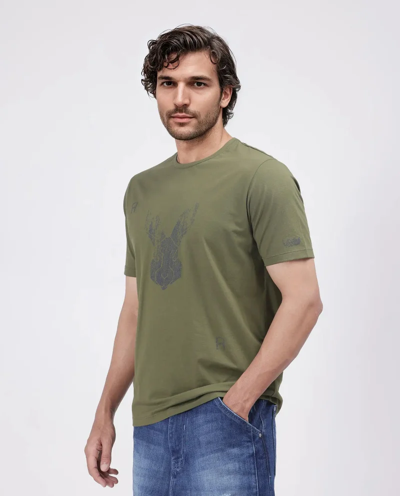 Rare Rabbit Men's Logo Graphic Print Regular Fit T-Shirt