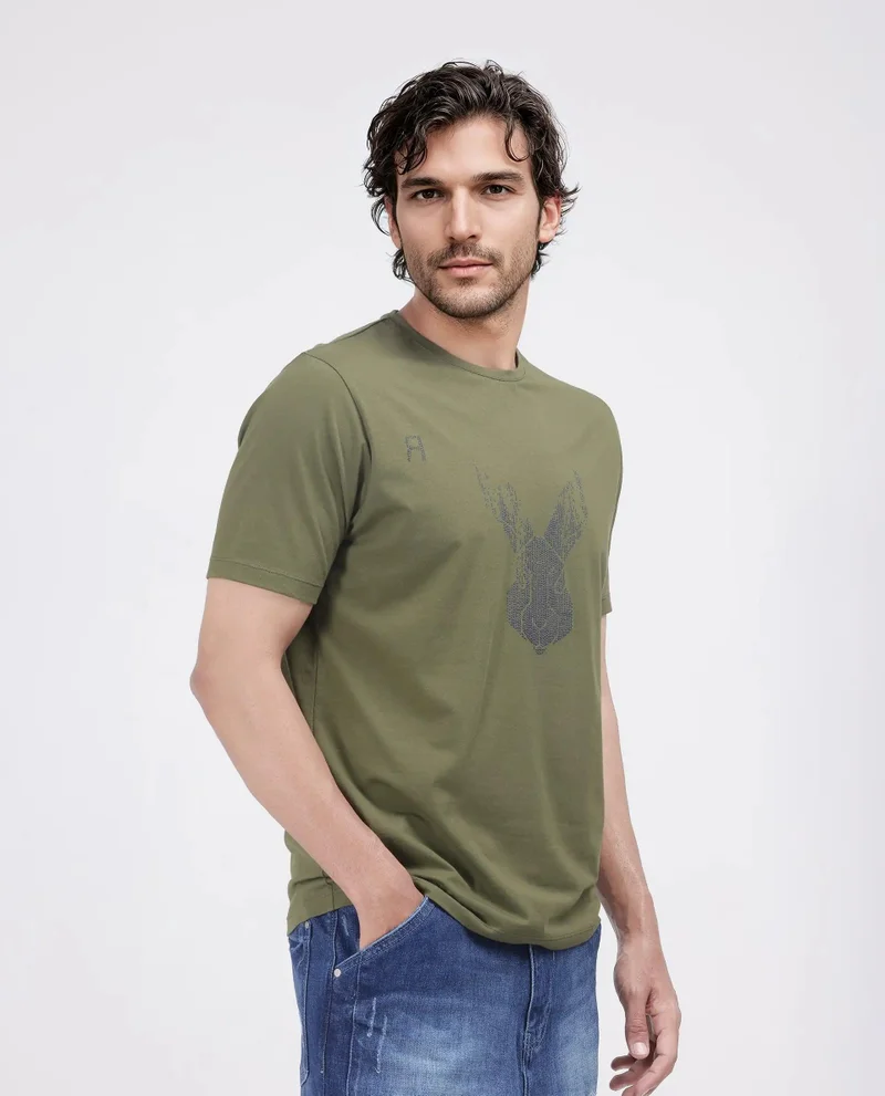 Rare Rabbit Men's Logo Graphic Print Regular Fit T-Shirt