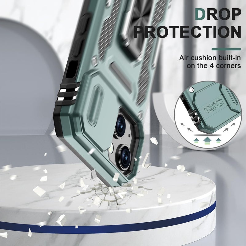 ShieldTech Polycarbonate Back Cover Case Compatible for Apple iPhone 15 with Slide Camera Cover & Rotated Ring Kickstand | Military Grade Mobile Phone Cover Case for Apple iPhone 15 (Green) - Image 3