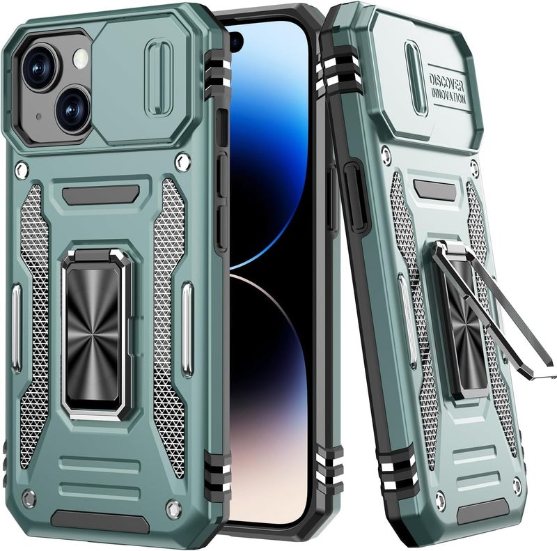 ShieldTech Polycarbonate Back Cover Case Compatible for Apple iPhone 15 with Slide Camera Cover & Rotated Ring Kickstand | Military Grade Mobile Phone Cover Case for Apple iPhone 15 (Green) - Image 1