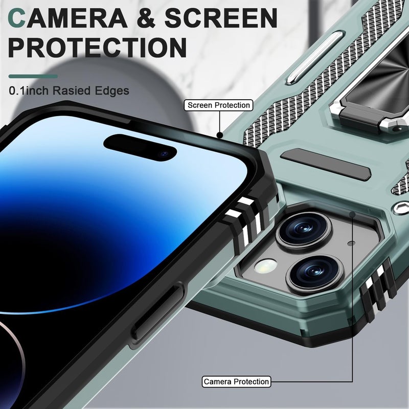 ShieldTech Polycarbonate Back Cover Case Compatible for Apple iPhone 15 with Slide Camera Cover & Rotated Ring Kickstand | Military Grade Mobile Phone Cover Case for Apple iPhone 15 (Green) - Image 2