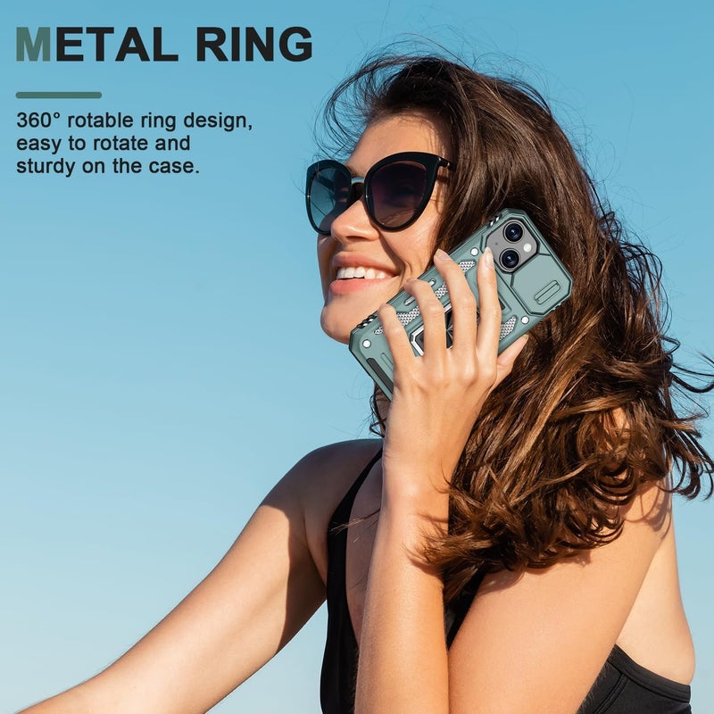 ShieldTech Polycarbonate Back Cover Case Compatible for Apple iPhone 15 with Slide Camera Cover & Rotated Ring Kickstand | Military Grade Mobile Phone Cover Case for Apple iPhone 15 (Green) - Image 5