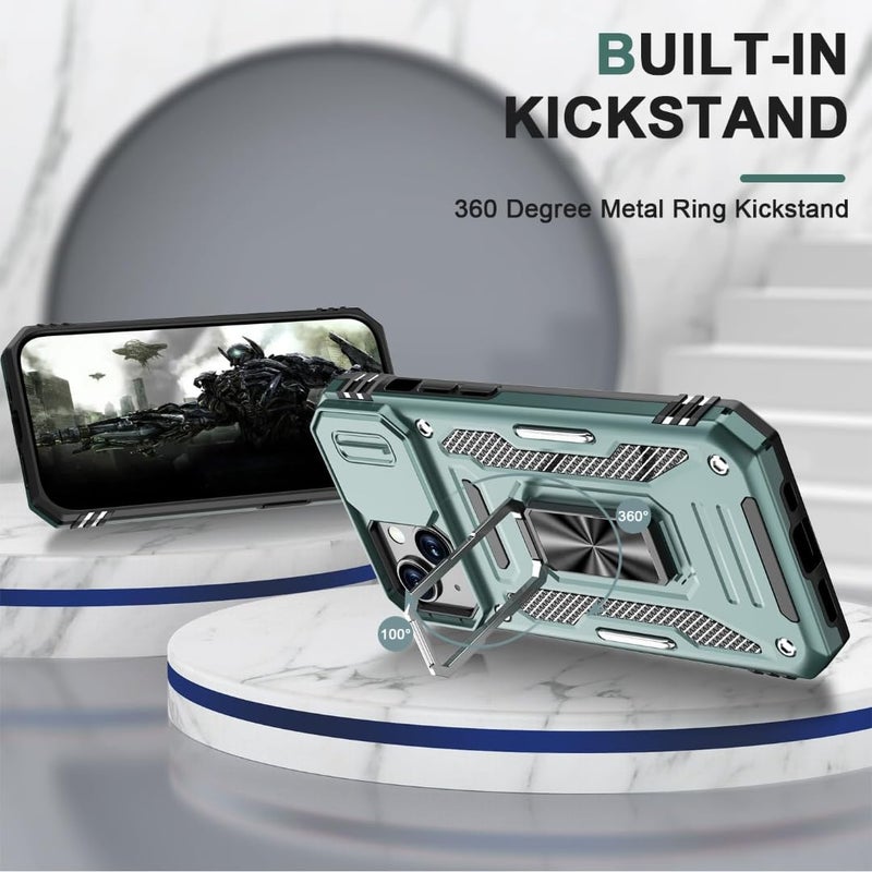 ShieldTech Polycarbonate Back Cover Case Compatible for Apple iPhone 15 with Slide Camera Cover & Rotated Ring Kickstand | Military Grade Mobile Phone Cover Case for Apple iPhone 15 (Green) - Image 4