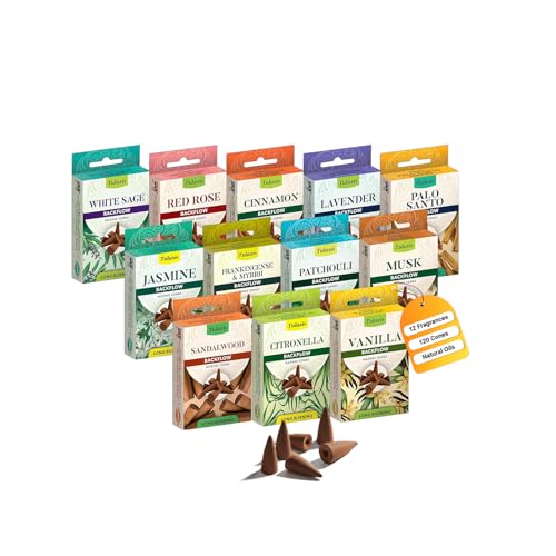 Tulasi Backflow Incense Cones with Natural Oils, Scents Set of 12 Fragrances (120 Cones) Calming Home Aromatherapy, Yoga, Meditation, Relaxing, Mixed Scents with Natural Oils, Thanks Giving - Image 1