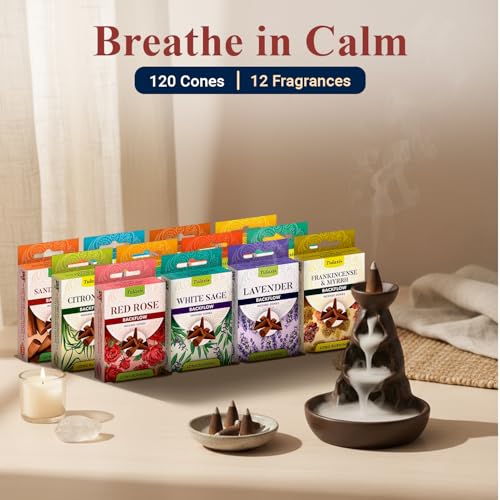 Tulasi Backflow Incense Cones with Natural Oils, Scents Set of 12 Fragrances (120 Cones) Calming Home Aromatherapy, Yoga, Meditation, Relaxing, Mixed Scents with Natural Oils, Thanks Giving - Image 2