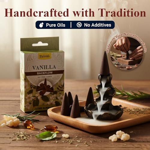 Tulasi Backflow Incense Cones with Natural Oils, Scents Set of 12 Fragrances (120 Cones) Calming Home Aromatherapy, Yoga, Meditation, Relaxing, Mixed Scents with Natural Oils, Thanks Giving - Image 3