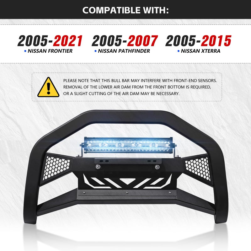 Generic YZONA Bull Bar with LED Light Bar & License Plate Frame Compatible for 2005-2021 Nissan Frontier & 2005-2007 Pathfinder & 2005-2015 Xterra Front Grill Guard Grille, Truck Brush Guard, Bumper Push Bar  - Image 2