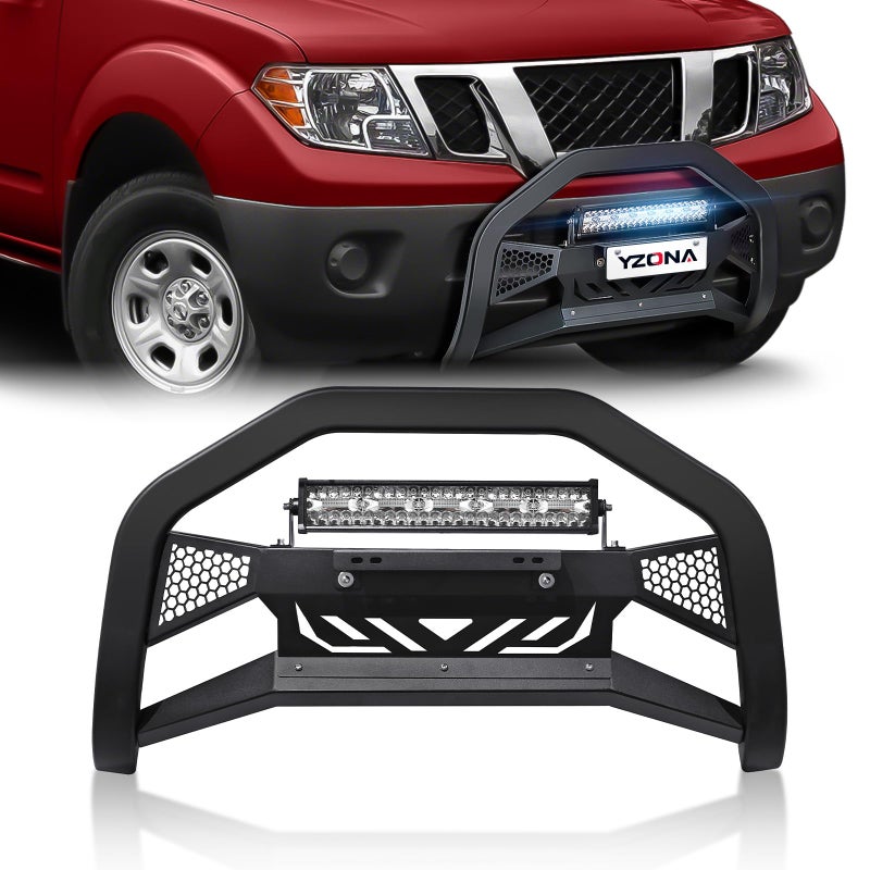 Generic YZONA Bull Bar with LED Light Bar & License Plate Frame Compatible for 2005-2021 Nissan Frontier & 2005-2007 Pathfinder & 2005-2015 Xterra Front Grill Guard Grille, Truck Brush Guard, Bumper Push Bar  - Image 1