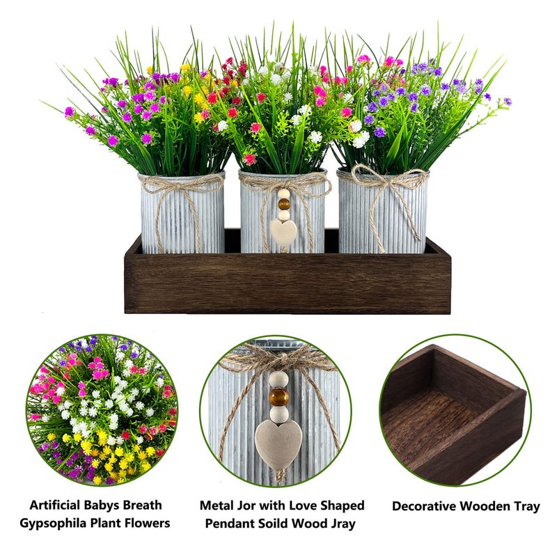 HEMYLU Gypsophila Baby's Breath Artificial Flowers in Rustic Metal Pots and Wood Tray, Table Centerpiece Decorations Fake Flowers for Home DÃ©cor - Image 2