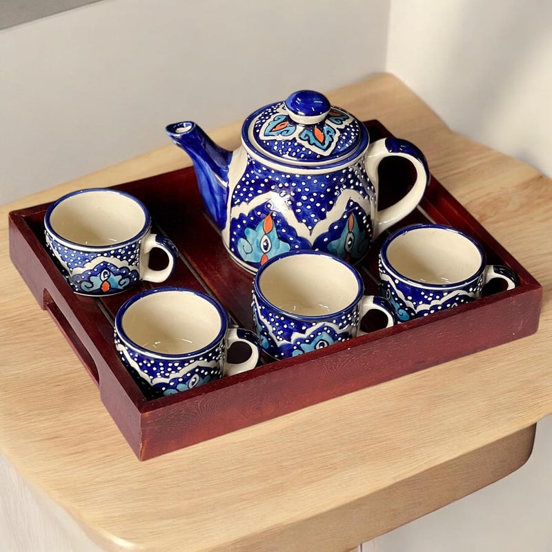 BACKKSPACE RETAIL Teapot Wooden Tray Collection for 4 Cups Blue Eye - Image 1