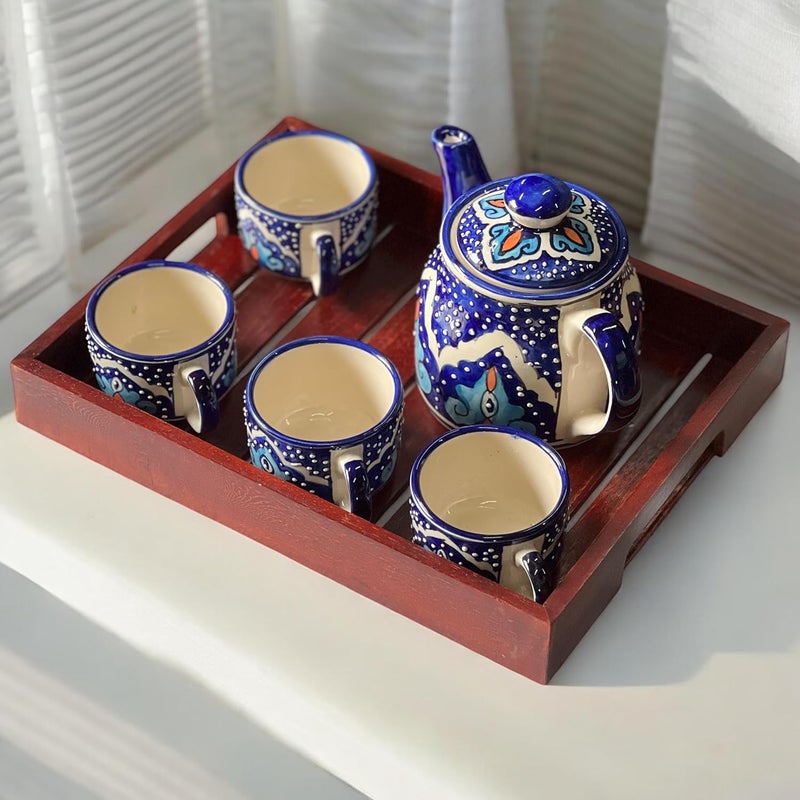 BACKKSPACE RETAIL Teapot Wooden Tray Collection for 4 Cups Blue Eye - Image 4