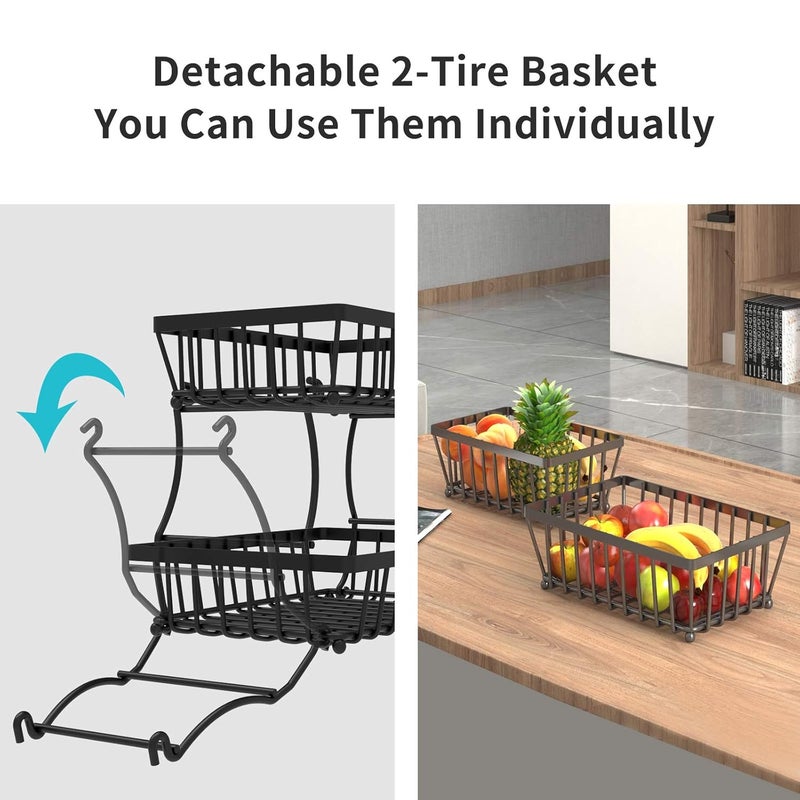 Kitwe 2 Tier Fruit Basket with 2 Banana Hangers Countertop Fruit Vegetable Basket Bowl for Kitchen Counter Metal Wire Storage Basket Fruits Stand Holder Organizer for Bread Snack Veggies Produce - Image 5