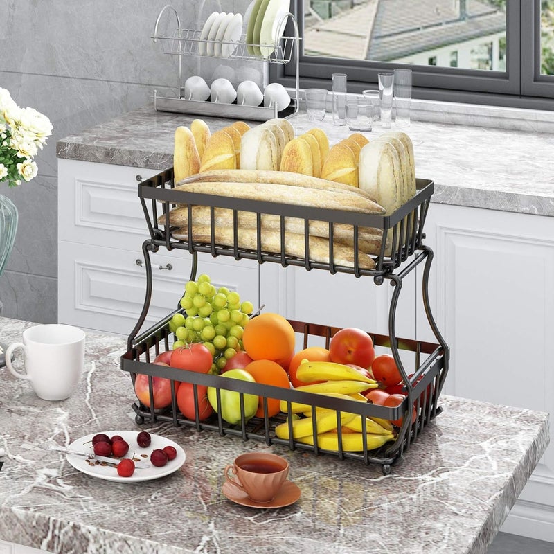 Kitwe 2 Tier Fruit Basket with 2 Banana Hangers Countertop Fruit Vegetable Basket Bowl for Kitchen Counter Metal Wire Storage Basket Fruits Stand Holder Organizer for Bread Snack Veggies Produce - Image 2