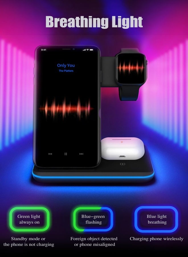 General 3 in 1 Magnetic Wireless Charger, 15W Fast Charging Station for iPhone 13/ pro/ pro-Max/ 12/ 12 Pro Max, Support for iWatch, for AirPods Pro for Bonus 18W QC 3.0 Adaptor and Magetic Metal Ring (Black)  - Image 3