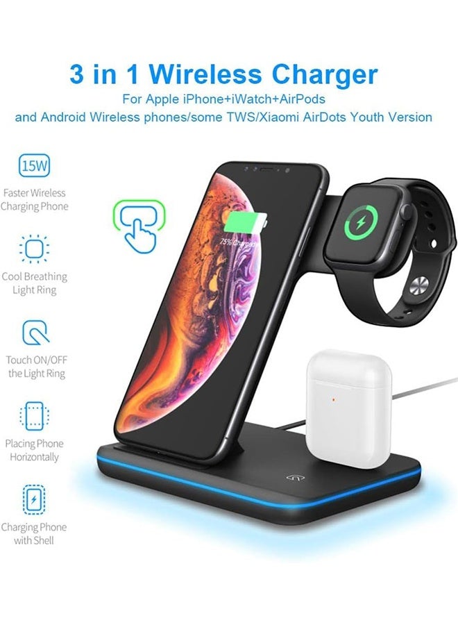 General 3 in 1 Magnetic Wireless Charger, 15W Fast Charging Station for iPhone 13/ pro/ pro-Max/ 12/ 12 Pro Max, Support for iWatch, for AirPods Pro for Bonus 18W QC 3.0 Adaptor and Magetic Metal Ring (Black)  - Image 4