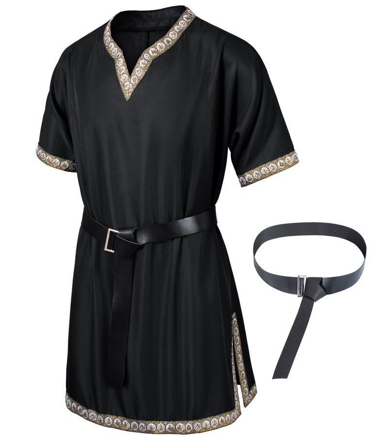 TOGROP Mens Medieval Costume Viking Pirate Tunic Knight Warrior Renaissance Shirts with Belt Black S - Image 3