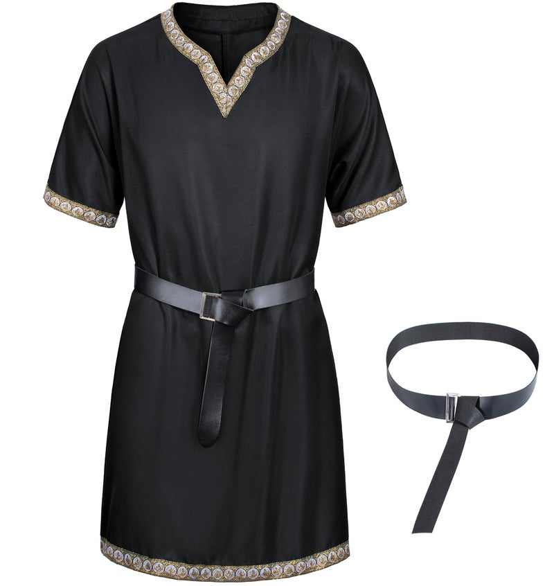 TOGROP Mens Medieval Costume Viking Pirate Tunic Knight Warrior Renaissance Shirts with Belt Black S - Image 1