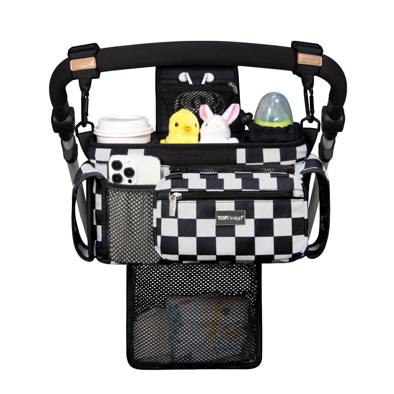 TOPDesign Universal Baby Stroller Organizer, Stroller Caddy with Detachable Mesh Bag & Heightened Insulated Cup Holders & Non-Slip Secure Hooks Accessories, Fits Most Strollers (Checkerboard) - Image 1