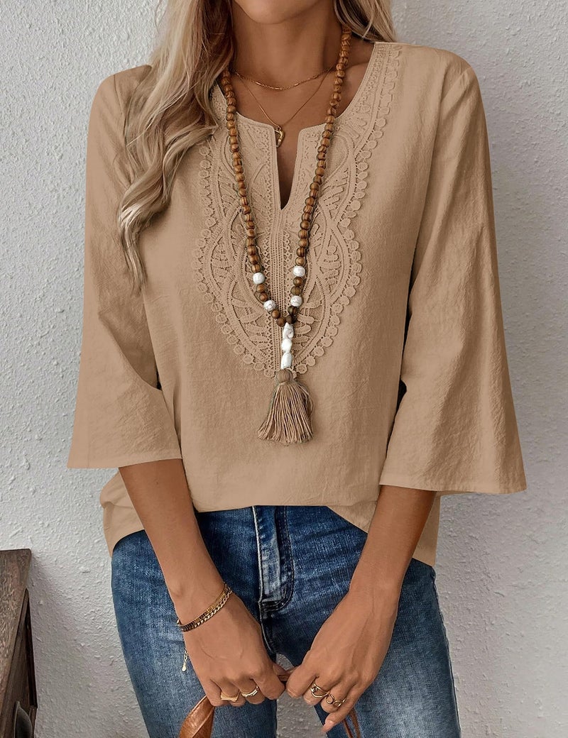 LOMON Womens Tops Dressy Casual 3/4 Length Sleeve Linen Shirts for Women Boho Summer Vacation Women's Clothing Dark Khaki - Image 2