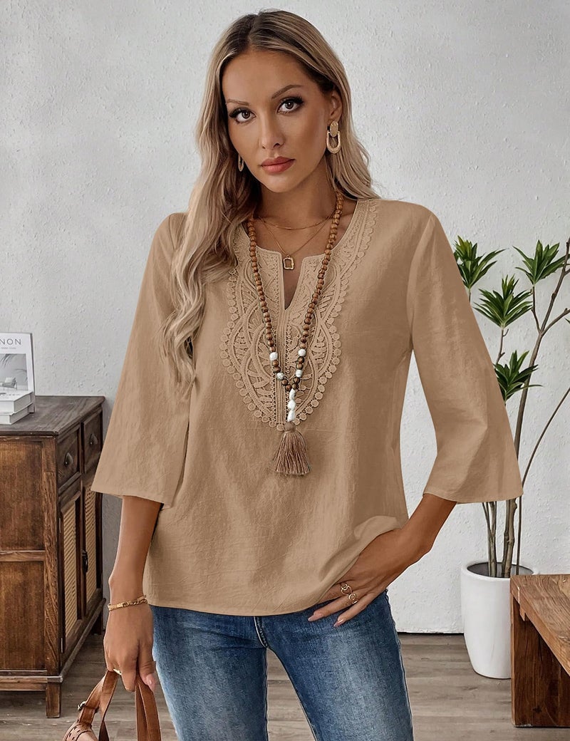 LOMON Womens Tops Dressy Casual 3/4 Length Sleeve Linen Shirts for Women Boho Summer Vacation Women's Clothing Dark Khaki - Image 3